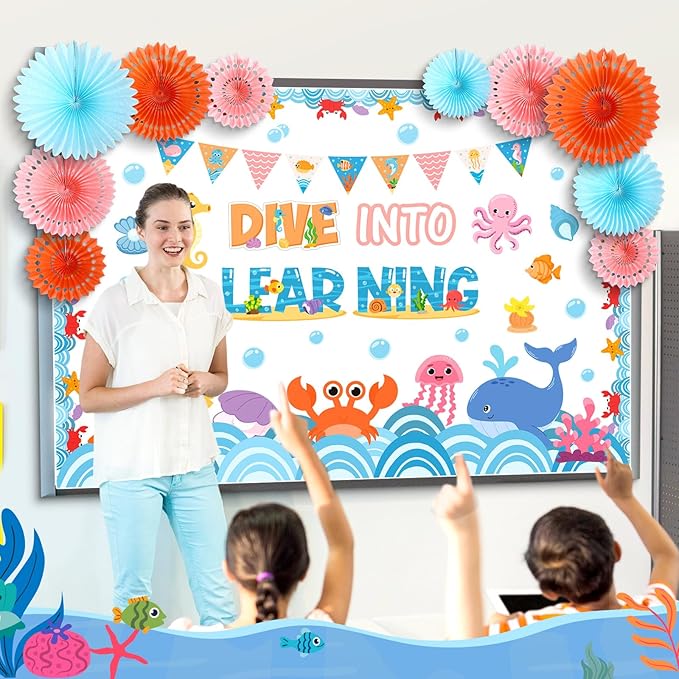 Eersida Spring Bulletin Board Decorations with Paper Fans St Patricks Day 3D Classroom Bulletin Board Christian Easter Flower Bunny Cutouts School VBS Library Church Window Wall Decor(Ocean)