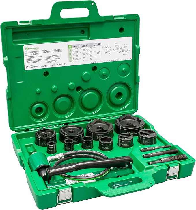 Greenlee 7310SB 11-Ton Hydraulic Knockout Punch Kit with Hand Pump, Ram, 1/2" to 4" Slug-Buster Punches, Dies, and Hydraulic Draw Studs, Electrical Conduit Hole Cutter Kit
