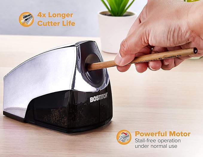 Bostitch Office Electric Pencil Sharpener, Heavy Duty Powerful Stall-Free Motor, High Capacity Shavings Tray, Chrome Metallic