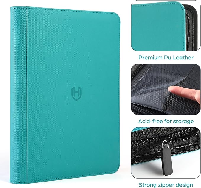 Card Binder 9 Pocket with Zipper, 648 Pockets Trading Card Holder Book, Premium PU Cover Zip Folder Binder, Side Loading Carrying Case Binder Album for TCG, MTG, Sports Cards, Game Cards (Teal)