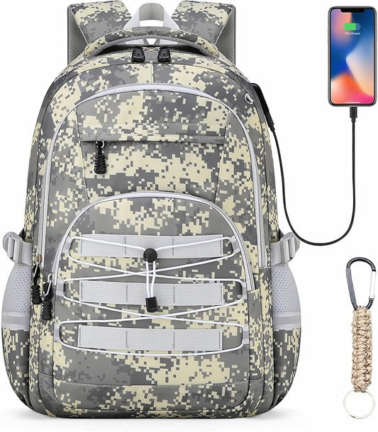 Kids Backpack for Boys - Camo Boys Backpacks for Kids Teens Elementary Middle School, 18″ Camouflag Students Bookbag with Usb Charging Port & Key-chain, Perfect for Travel and School