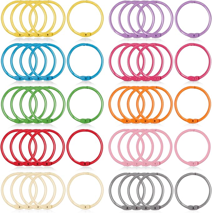 AKONEGE 1 1/5 Inch Colorful Loose Leaf Binder Rings (100 Pack) Metal Office Book Rings Paper Rings for Index Cards Flashcards Notebook, Keychain Key Rings Binder Rings for Office School Home, 10Colors