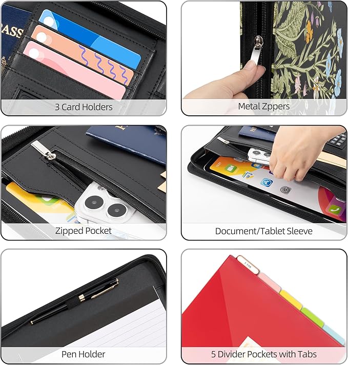 Ospelelf Leather Portfolio Folder with Zipper - 3 Ring Binder with Clipbard - Calculator, 12.1” Tablet Sleeve, 5 Dividers with 10 Pockets, Refillable Notepad, Card Holder (Bushes)
