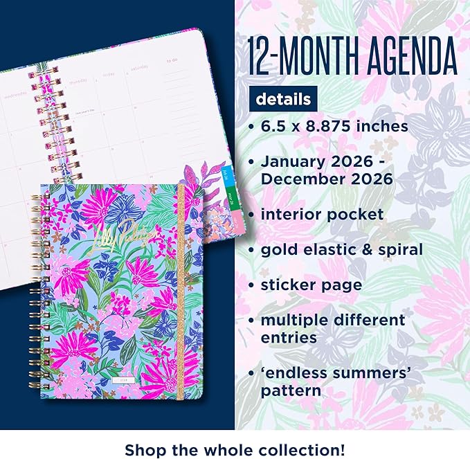 Lilly Pulitzer Large Monthly Planner January 2026 - December 2026, Monthly Agenda & Calendar, Stickers, Pockets, & Spiral Binding (Endless Summer)