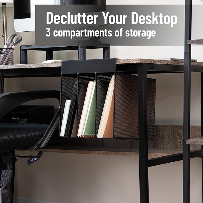 Mind Reader Slide-On Under Desk File Organizer, No Tools Required, Hanging Storage for Laptops, Folders, and Notebooks, Metal, Black