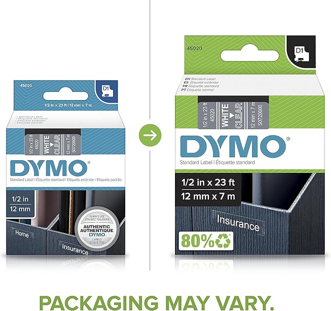 DYMO Standard D1 Labeling Tape for LabelManager Label Makers, White Print on Clear Tape, 1/2'' W x 23' L, 1 Cartridge