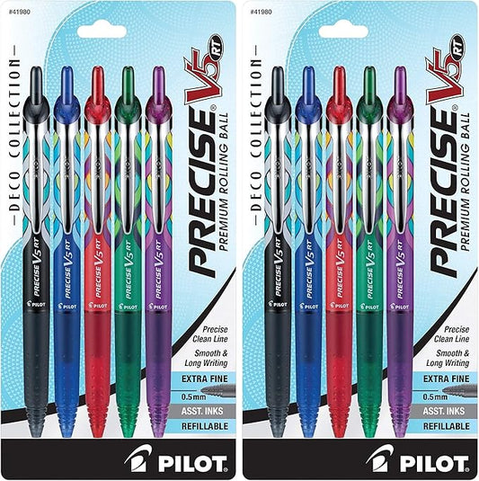 PILOT Precise V5 RT Refillable & Retractable Rolling Ball Pens,Extra Fine Point Pens,0.5 mm,Assorted,- Ideal for School,Journaling & Office Writing,5 Count (Pack of 2)