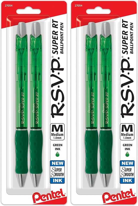 Pentel RSVP Super RT Ballpoint Pen, (1.0mm) Medium Line, Green Ink, Pack of 4 (BX480BP2D)