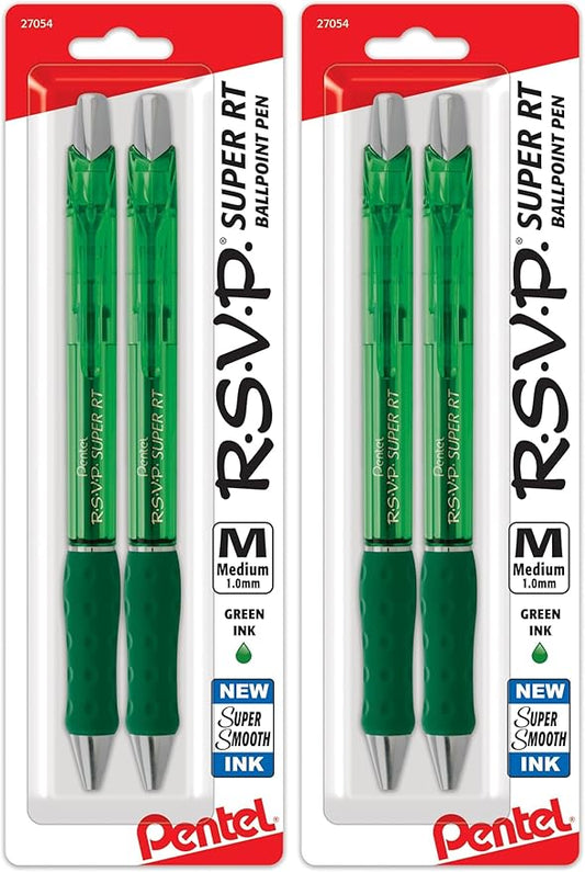 Pentel RSVP Super RT Ballpoint Pen, (1.0mm) Medium Line, Green Ink, Pack of 4 (BX480BP2D)