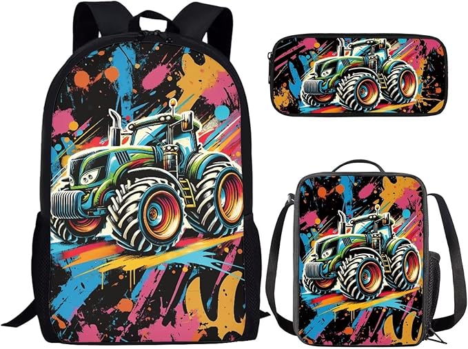 CLOHOMIN Tractor Bookbag for Kids Boys with Lunch Bag Large Capacity Bookbag Set of 3 Cool Lunch Box Pencil Case for Kids Ages 6-8/8-12 Middle School Bag 2nd Grade with Lunchbox