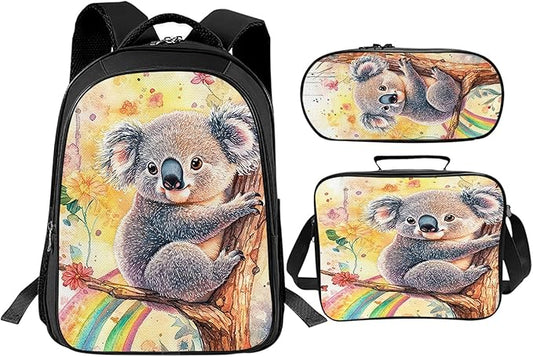 Cute Koala Backpack Set 3 Piece School Bags and Lunch Box with Pencil Case Koala Animal Rainbow Bookbag Set for Toddler Kids Girls Boys Teens Kindergarten Elementary Middle