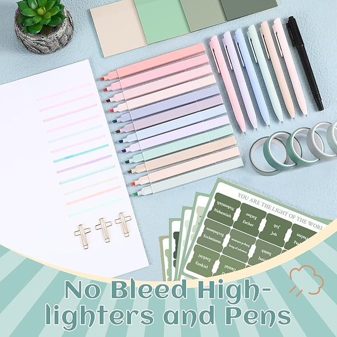 137 Pcs Bible Study Supplies Journaling Kit 1 Pencil Case 12 Highlighters 4 Sticky Notes 6 Gel Pens 35 Paper Clips 3 Tapes 1 Markers 75 Tabs for Christmas Bible School Gifts(Sage Green)
