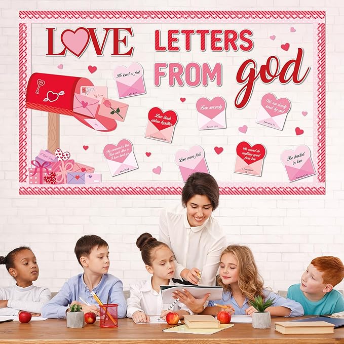 Valentine's Day Christian Bulletin Board Set Valentine's Day Religious Jesus Bible Verse Classroom Decorations Love Letters from God Paper Cutouts for Church School Home Chalkboard Wall Door Decor