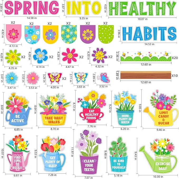 94 PCS Spring Bulletin Board Decoration - Flower Themed Classroom Decor Flower Bookshelf Bulletin Board Decor Spring into Healthy Habits for Offices Chalkboard Library Back to School Party Supplies