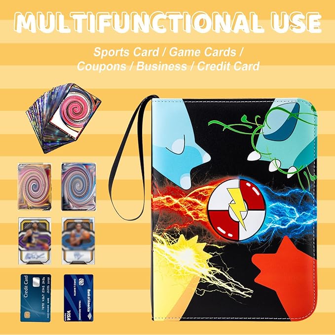 Card Binder 4 Pocket with 50 Removable Sleeves-Can Hold 400 Cards,3-Ring Zipper Sports Book is Gifts for Boys and Girls（Black）