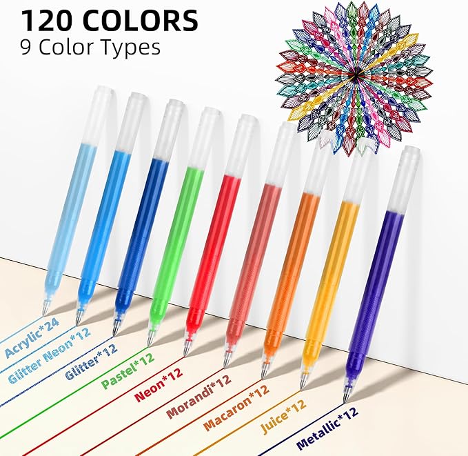 120 Color Gel Pens for Adult Coloring Books,1.0mm Bullet Tip Acrylic Gel Pens,Glitter Colored Gel Pens Set,Large Capacity Artist Maker Pens for Drawing Doodling Journaling, Art Supplies and DIY Crafts
