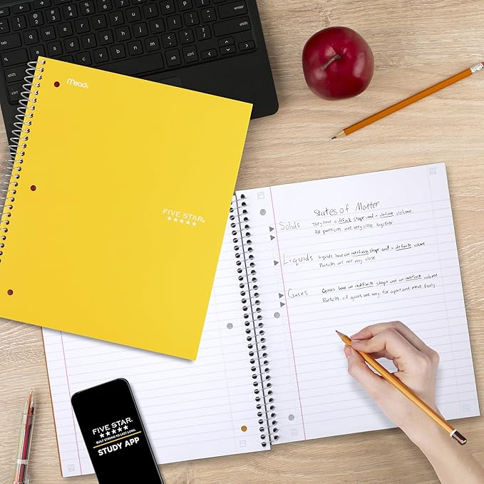 Five Star Spiral Notebook + Study App, 3 Subject, Wide Ruled Paper, 8" x 10-1/2", 150 Sheets, Fights Ink Bleed, Water Resistant Cover, Harvest Yellow (73463)
