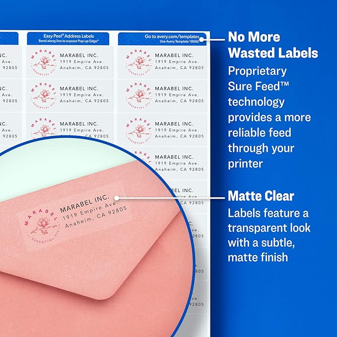 Avery Printable Shipping Labels with Sure Feed, 3-1/3" x 4", Matte Clear, 60 Blank Mailing Labels (15664) (Pack of 5)