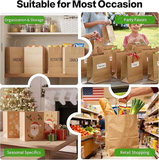 Simple Deluxe 250 Pack Kraft Paper Bags with Handles 10x5x13 - Made in USA -15 Lb Max Load - 100% Recycled Natural Brown Shopping Bags for Retail, Gifts & Merchandise (Premium 90GSM)