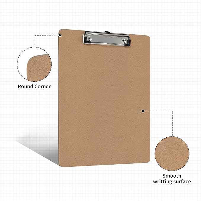 Clipboards 10 Pack Letter & A4 Size, 9" x 12.5" & 8.5" x 11" Wooden Hardboard Clipboards with Low Profile Clip, Hanging Loop for Office, Home & Classroom