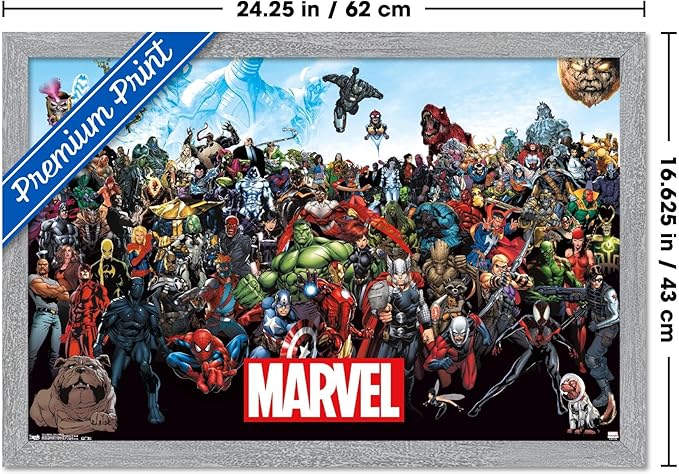 Marvel Comics The Marvel Lineup Wall Poster, 22.4L" x 14.7W", Gray Framed Version