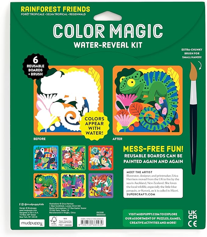 Mudpuppy Rainforest Friends – Color Magic Water Reveal Kit with Illustrations of Rainforest Animals for Children Ages 2 and Up