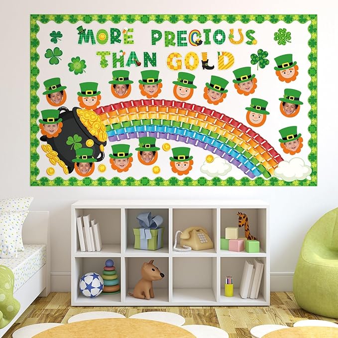 Pasimy St. Patrick's Day Bulletin Board Decorations Set Shamrocks Gold Coin 3D Rainbow Paper Cutouts Lucky Clover Bulletin Board Borders for Green Irish Holiday School Home Wall Decor(Leprechaun)