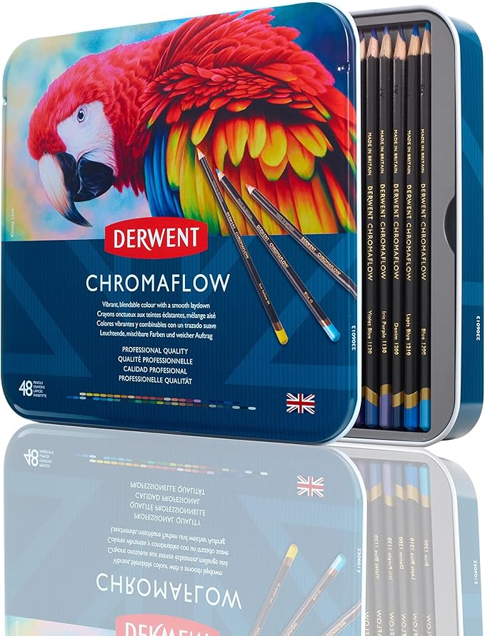 Derwent Chromaflow Colored Pencils Tin, Set of 48, Great for Holiday Gifts, 4mm Wide Core, Multicolor, Smooth Texture, Art Supplies for Drawing, Blending, Sketching, Professional Quality (2306013)