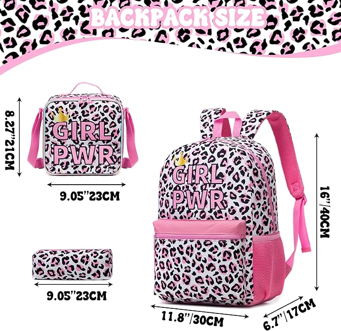 Backpack for School Girls Backpack with Lunch Box Kids Backpacks for Girls Leopard Backpacks for Elementary Teens Back to School