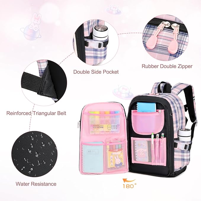 Girls Backpack Set, 3PCS Kids Backpacks for Girl, Kawaii Bunny School Backpack for Girls Kindergarten Elementary Preschool Middle School Bags with Lunch Box Pencil Case Blackpink-Plaid