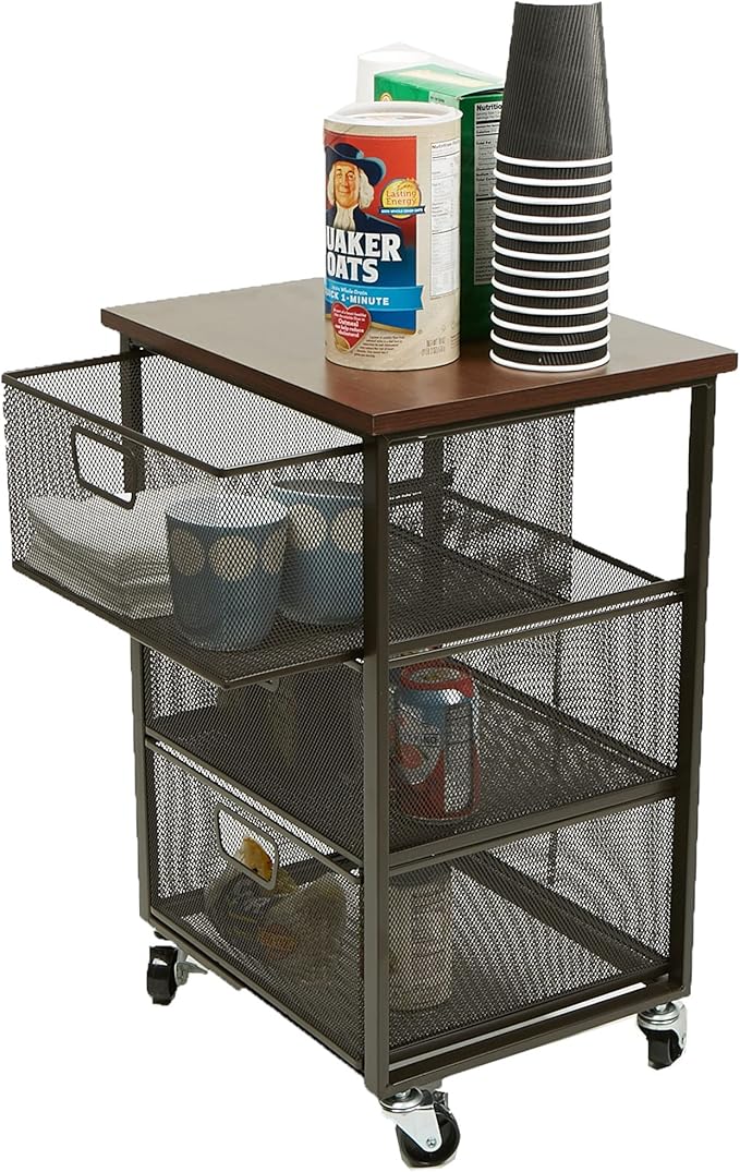 Mind Reader 3-Drawer Storage Organizer, Office Organizer with Wood Top, Multipurpose Portable Cabinet with Removable Wheels, Metal Mesh, Black