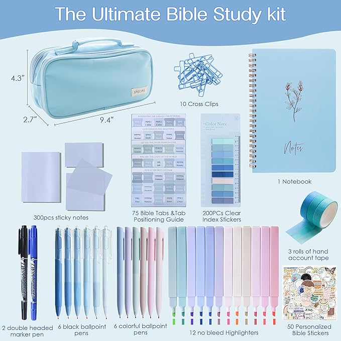 J6&H6 Complete Bible Study Supplies Journaling Kit with Tabs, Highlighters and Color Pens, Notebook,Stickers & More 56pcs Bible Accessories Set for Women, Beginner Christian Gifts(Blue)
