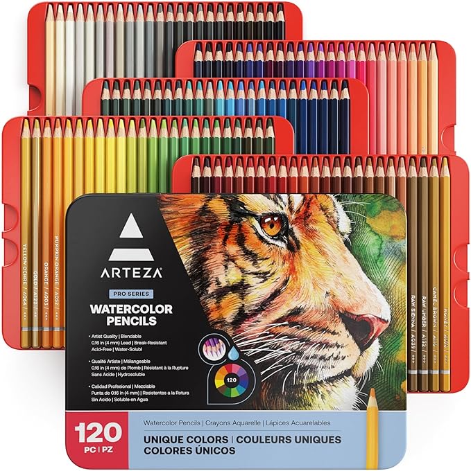 ARTEZA Watercolor Pencils Set of 120 Water-Soluble Colored Pencils for Blending, Layering, Painting, Lightfast Pigments with Soft Cores in Tin Case, Art Supplies for Adults, Artists, Holiday Gift Set
