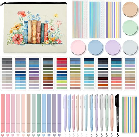 Book Annotation Kit, Aesthetic Bible Study Journaling Kit, 2640 Pcs Sticky Tabs, 300 Sticky Notes, 11 Gel Ink Pen, 12 Highlighter Marker, Pencil Case Pouch for Book Lover(Round)