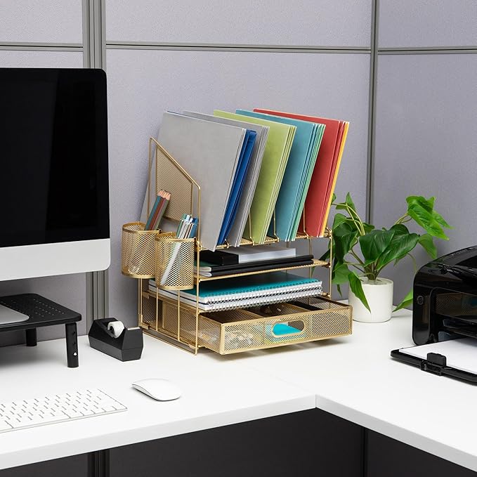Office Depot® Brand Mesh Desk Organizer With Vertical Storage And Pen Holders, 16" H x 12-3/4"W x 9-1/2"D, Gold