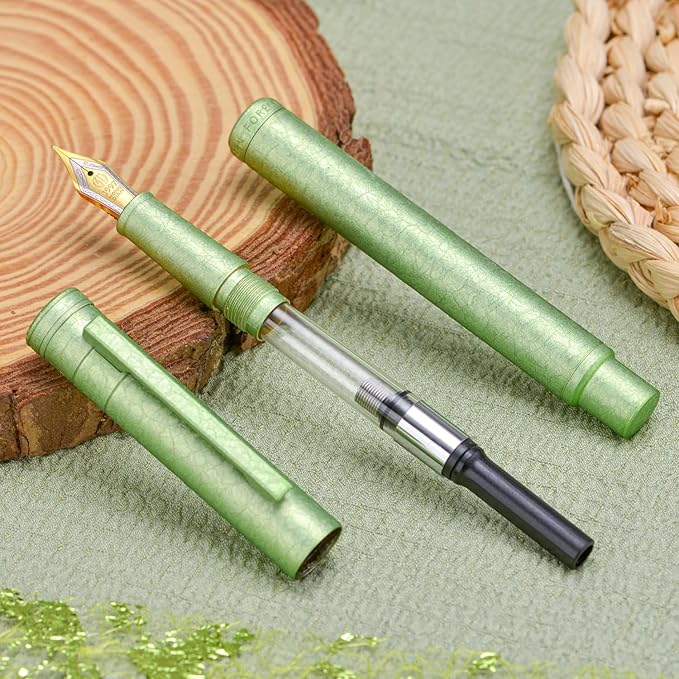 Hongdian 1851 Forest Fountain Pen Applegreen Ice Flowers, Bent Nib Classic Design with Converter and Metal Pen Case