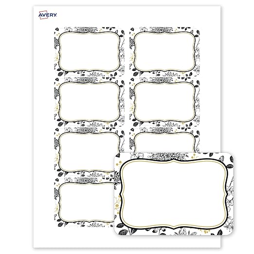 Avery Printable Adhesive Name Badges, 2-1/3" x 3-3/8", Pre-Printed Flourished Gold & Black Florals Design, Matte White, Laser & Inkjet Compatible, 80 Total