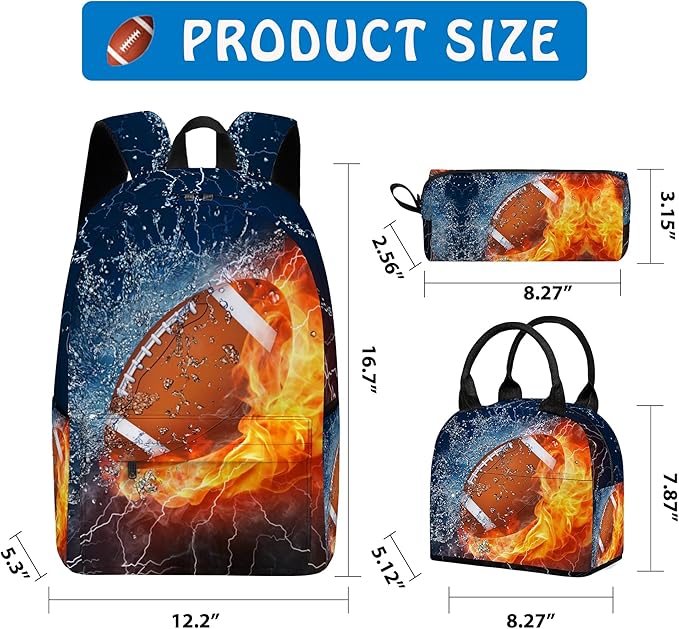 3PCS Backpack for Boys Girls, Kids Football Back to School Backpack Sets with Lunch Bag Pencil Case, 17 Inch Lightweight Bookpack 3 in 1 Set for Teens Elementary Middle High School Students
