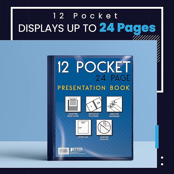 Better Office Products 12 Pocket Bound Presentation Book, Blue with Clear View Front Cover, 24 Sheet Protector Pages, 8.5" x 11" Sheets, Art Portfolio, Durable Poly Covers, Letter Size, Blue