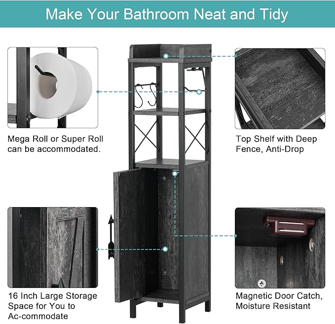 VECELO Small Bathroom Cabinet, Slim Toilet Paper Holder with Magnetic Door&2 Shelves, Narrow Storage Organizer for Bathroom Restroom Tiny Space, Fenced Top Waterproof Board, Coal Grey