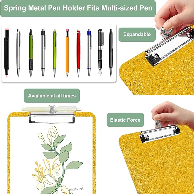 SFLHHDM Clear Glitter Clipboards, Plastic Clipboard with Pen Holder, Clip Boards 8.5x11 with Low Profile Clip, Cute Hanging Clip Board for Office School Supplies Sparkly Clipboard (Champagne Gold)
