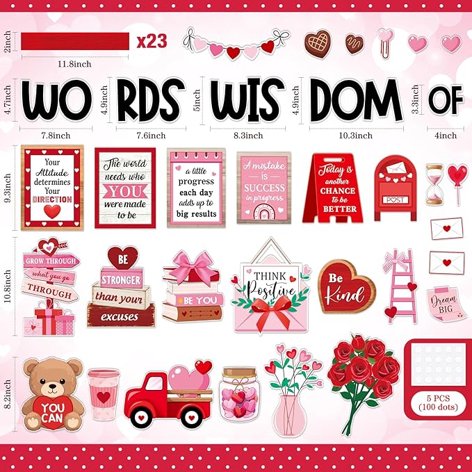 57 Pcs Sweet Bulletin Board Set Pink Red Heart Envelope Paper Cutouts Positive Quotes Classroom Bulletin Board Decor for School Chalkboard Wall Door Window