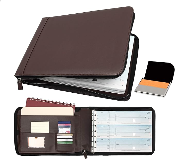 2Fold Zippered Business Checkbook Binder - 7 Ring Binder for Business Checks with Built-in Organizer and Card Case - PU Leather Portfolio for up to 600 3-Up Checks (Dark Brown)