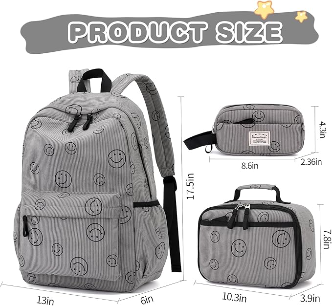 Backpack for Girls Boy Teen Corduroy Bookbags Elementary Middle High School Women Laptop Bag with Lunch Box Pencil Bag (Smile Grey)