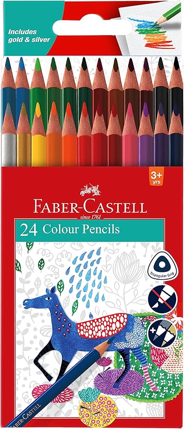 Faber Castell 24 Tri-colour Pencil Set Best Grip Includes Silver & Gold