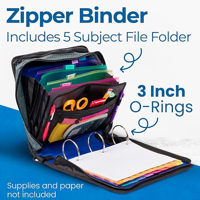 Case-it Mighty Zip Tab School Zipper Binder | 3-Inch O-Rings, 600-Sheet Capacity, 5-Subject Expanding File Folder, Multiple Pockets & Storage Organizer, Shoulder Strap | D-146 Midnight Blue | 6 Pack