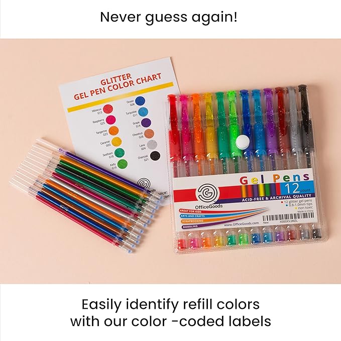 OfficeGoods Grey & Black Gel Pens with Refills – Glitter Metallic Classic – Medium 0.8-1.0mm Tips – Non-Toxic Gel Pens Set – Quick Dry Smudge-Free 12 Pack Colors