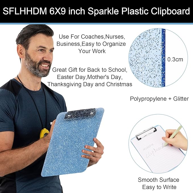2 PCS A5 Size Clipboards,Size 6X 9inches,Glitter Clipboard with Low Profile Clip,Sparkle Plastic Clipboard,Cute Hanging Clip Boards for Office Supplies Clipboards Mini Clip Board