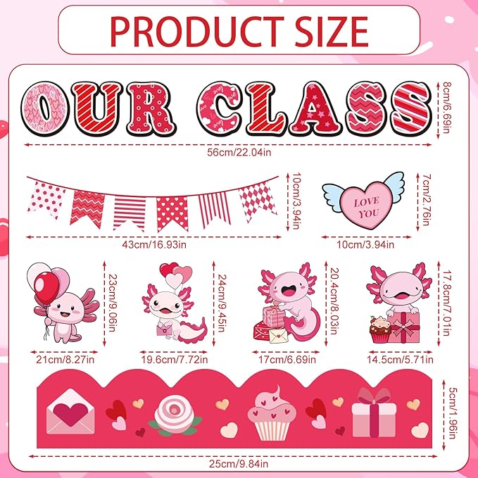 Valentine Axolotl Classroom Decor - Cute Axolotl Valentines Day Bulletin Board Decorations, We Love Our Class Paper Cutouts Set for School, Chalkboard Office Wall Decor Supplies