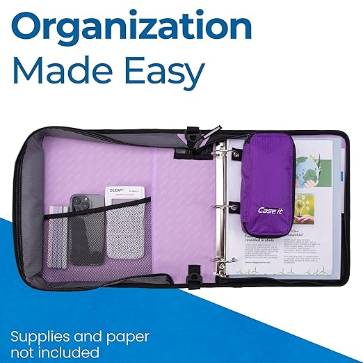 Case-it Classic Zipper Binder | 2-Inch O-Rings, 350 Sheet Capacity, Multiple Storage Pockets & Shoulder Strap | School & Office Organizer | D-251 Lavender | 6 Pack
